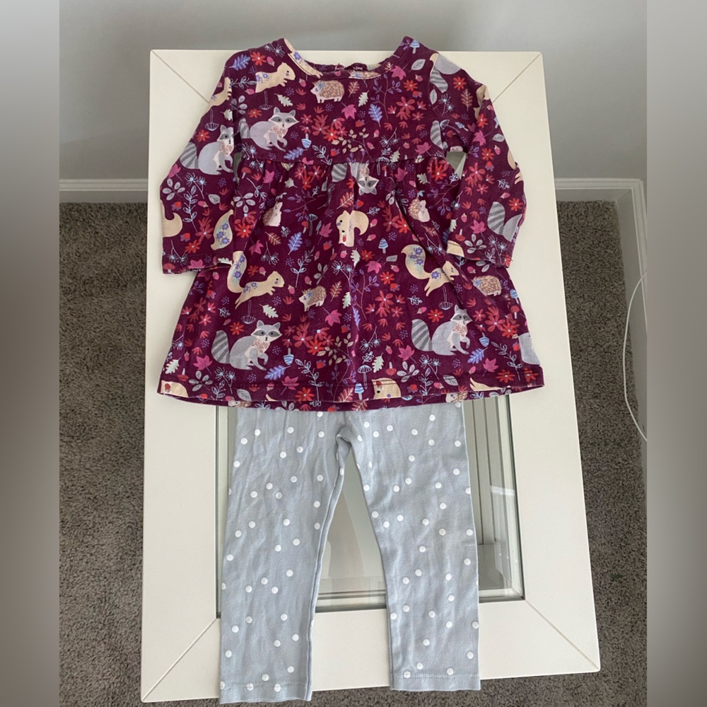 6-9 months Girls' Purple Woodland Animal Set with Gray Polka Dot Pants